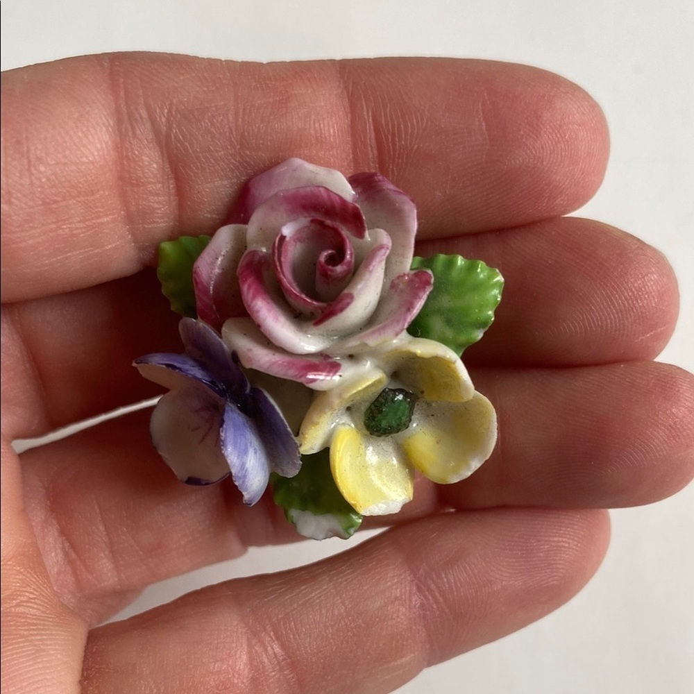 Floral Porcelain Brooch with Pink, Yellow, and Purple Accents